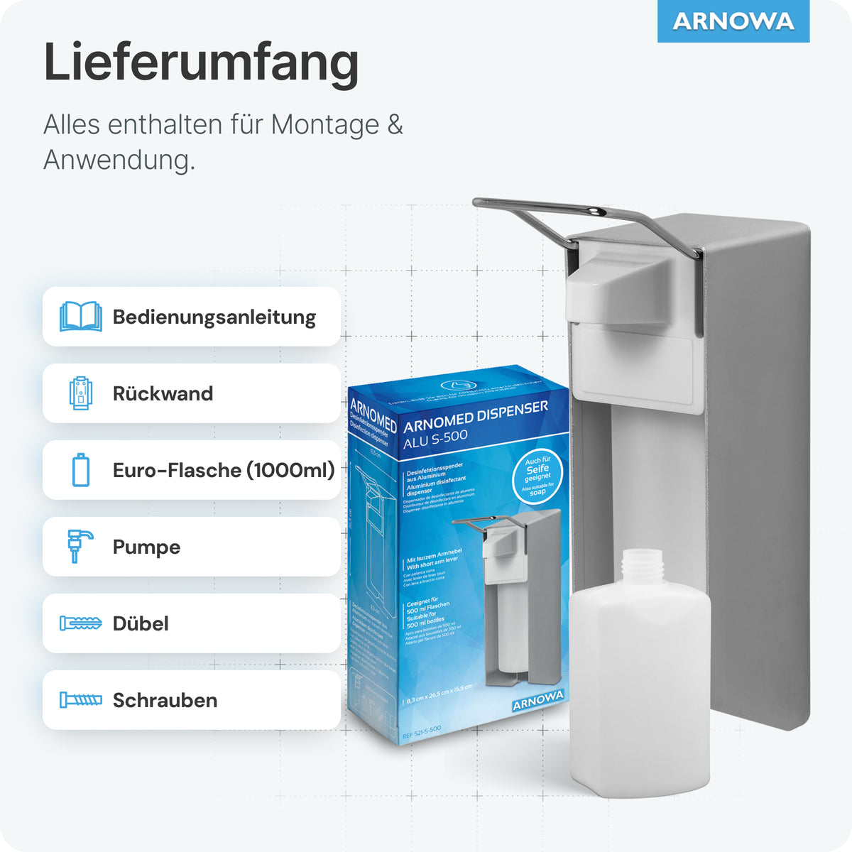 Desinfektionsspender 500ml Aluminium | Kurzer Hebel