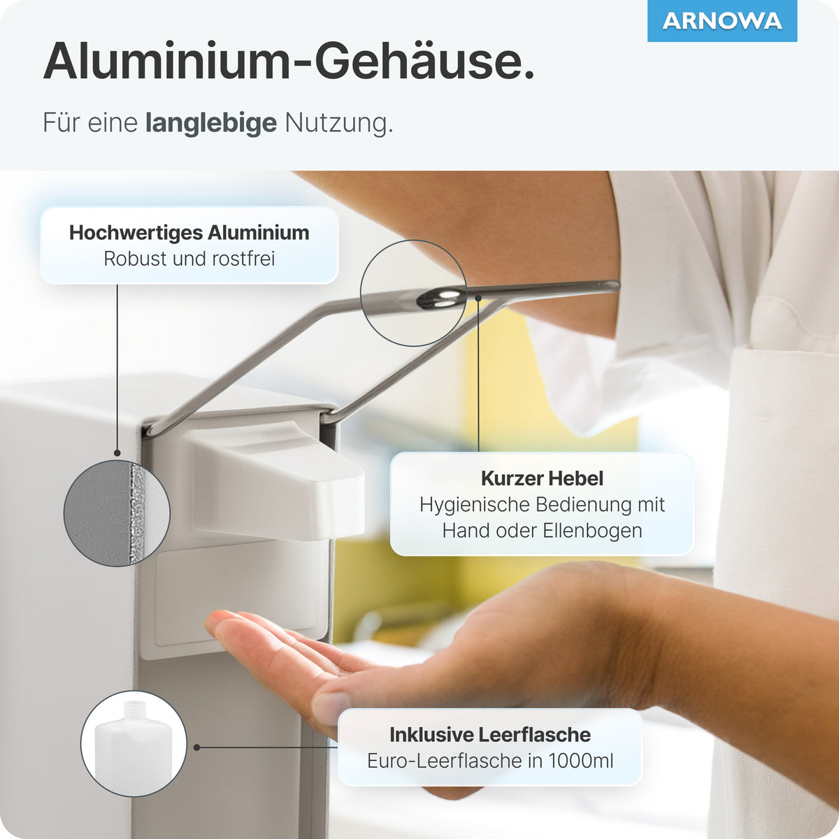 Desinfektionsspender 500ml Aluminium | Kurzer Hebel
